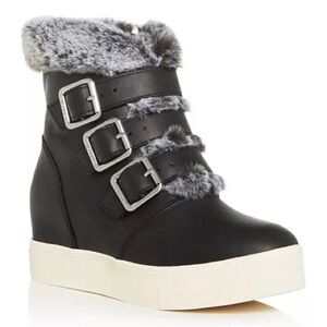 JSLIDE AS GOOD AS NEW!!Black Wedge Sneakers with Faux Fur Trim